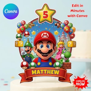 May include: A decorative cake topper featuring Mario, Luigi, Princess Peach, and Yoshi surrounded by colorful balloons, stars, and question mark blocks. A yellow star at the top displays the number 5, and a red banner at the bottom reads MATTHEW.