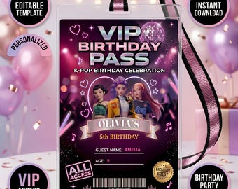 Kpop Demon Hunters VIP Pass | Editable Huntrix ID Badge | Printable Birthday Party Favor Card | Canva Template | Instant Digital Download