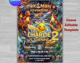 Pokemon Birthday Invitation | Editable Canva Template | Kids Party Invite | Printable Pokemon Card | Digital Download, Instant Access