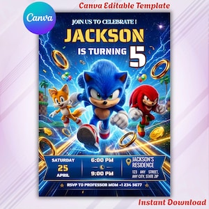 May include: A digital invitation template featuring Sonic the Hedgehog and friends. The invitation includes the text "Join us to celebrate! Jackson is turning 5" and event details. The design is set against a blue background with lightning.