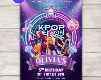 Kpop Demon Hunters Birthday Invitation Template, Editable Canva Template, Kpop Anime Invite, Digital Download, Printable 5x7 Card for Kids