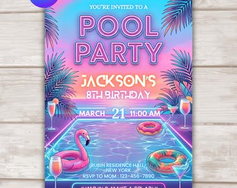 Neon Pool Birthday Invitation, Pool Party Birthday Invitation, Neon Glow Swim Invite, Swimming Pool Party Invite, Editable Canva Template