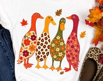 Fall Preppy Ducks PNG, Leopard print Boho flowers image file, Colorful Fall Design, funny Mallard Ducks Illustration