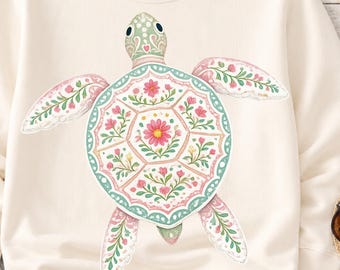 Paquete PNG de tortuga floral estilo preppy, archivo de imagen de tortuga marina en acuarela, imágenes prediseñadas de tortuga marina, PNG de animal costero, diseños tropicales