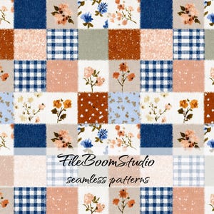 May include: A seamless patchwork pattern featuring alternating squares of floral prints in orange, blue, and peach, alongside blue and white gingham checks. The text FileBoomStudio seamless patterns is overlaid in black script across the center.
