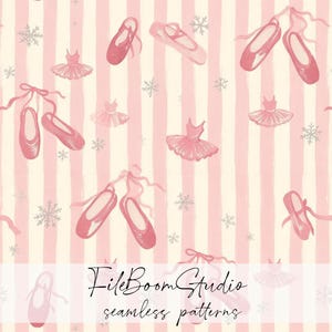 Peut inclure: Un motif répétitif composé de chaussons de danse et de tutus roses sur un fond à rayures verticales roses et blanches, parsemé de petits flocons de neige gris. Le texte FileBoomStudio seamless patterns est centré.