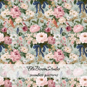 May include: A seamless pattern featuring pink and white peonies, green leaves, small birds, and dark blue ribbons on a light blue background. The text FileBoomStudio seamless patterns is overlaid in black script across the center of the image.