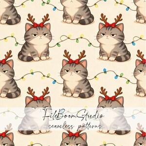 May include: A seamless pattern featuring cartoon gray tabby cats with grumpy expressions, wearing brown reindeer antlers with red bows, interspersed with strings of colorful Christmas lights on a light cream background with FileBoomStudio text.