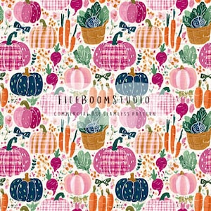 May include: A seamless pattern featuring illustrations of pumpkins in pink, orange, and dark blue, orange carrots, purple beets, and baskets of leafy greens. The text FILEBOOMSTUDIO COMMERCIAL USE SEAMLESS PATTERN is centered over the design.