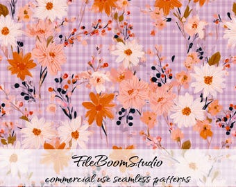 Brushstroke Wildflower Floral Pattern, pink gingham digital paper, Cottagecore Floral Background, Orange Daisy Design