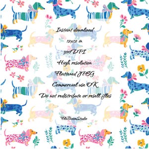 May include: A digital pattern featuring colourful dachshund dogs with bows and floral accents on a white background. The text reads: Instant download, 12x12 in, 300 DPI, High resolution, Flattened JPEG, Commercial use OK, Do not redistribute or resell files, FileBoomStudio.