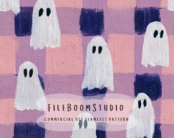 Brushstroke Ghost Gingham Pattern Digital Download, Cute Halloween Checkered Seamless Design, Spooky Pattern, Trendy Kids Print