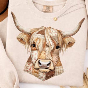 Faux Patchwork Highland Cow PNG, Boho Western Cow Sublimation Design for T-Shirt, Sticker