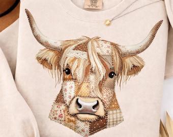 Vaca de las Tierras Altas con patchwork falso PNG, diseño de sublimación de vaca bohemia occidental para camiseta, pegatina