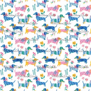 May include: A repeating pattern on a white background featuring colourful dachshunds in various outfits, including striped shirts, leopard prints, and polka dots, accented with bows, yellow flowers, and green sprigs, with the text FileBoomStudio.