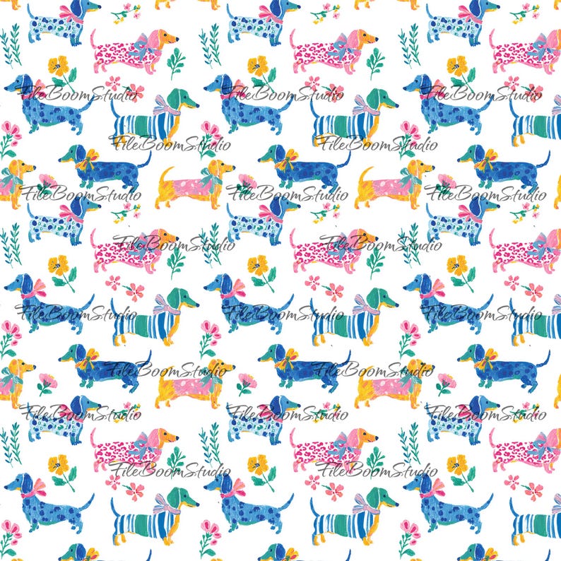 May include: A repeating pattern on a white background featuring colourful dachshunds in various outfits, including striped shirts, leopard prints, and polka dots, accented with bows, yellow flowers, and green sprigs, with the text FileBoomStudio.