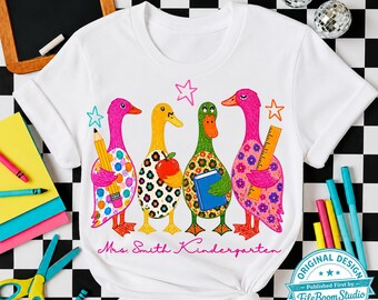 Custom Teacher Preppy Ducks PNG, Back To School Png, funny Mallard Ducks image file, Teacher Name Shirt, Apple Book Pencil Ruler Png