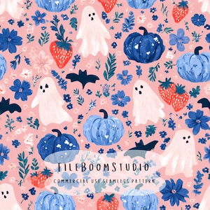 May include: A seamless pattern featuring white ghosts, blue pumpkins, red strawberries, dark blue bats, and small blue flowers on a light pink background. The text FileBoomStudio Commercial Use Seamless Pattern is centered on the image.