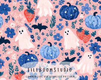 Descarga digital de estampado de fantasmas y calabazas, diseño floral botánico de Halloween sin costuras, estampado caprichoso de noche espeluznante, estampado moderno para niños