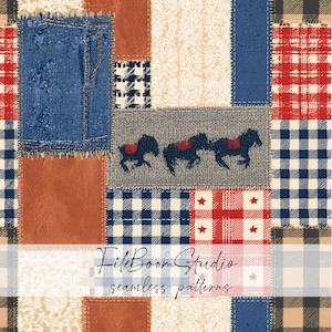 Vintage Western Denim Patchwork Seamless Pattern, Cowboy Horse Digital Paper, Buffalo Plaid Fabric Print, Rustic Americana Pattern