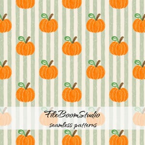 May include: A seamless pattern featuring orange pumpkins with green stems arranged in rows against a background of vertical light green and cream stripes. The text FileBoomStudio seamless patterns is overlaid in black script across the center.