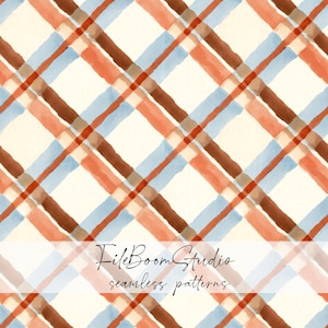 Puede incluir: Un patrón sin costuras que presenta un diseño de cuadros en diagonal con rayas cruzadas de estilo acuarela en tonos marrón, azul claro y naranja sobre un fondo crema. El texto FileBoomStudio seamless patterns está centrado.
