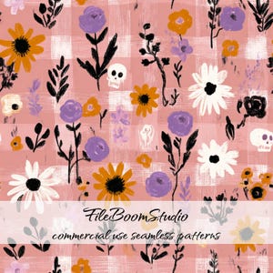 Pinselstrich-Blumenschädel-nahtloses Muster, Cottage-Goth-nahtloses Design, rosa Gingham-Halloween-Digitalpapier, trendiger Blumenherbst Png