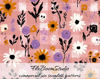 Brushstroke Floral Skull Seamless Pattern, Cottage Goth Seamless Design, Pink Gingham Halloween Digital Paper, Trendy Floral Fall Png