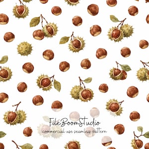 Può includere: Un motivo continuo con illustrazioni ad acquerello di castagne marroni, alcune racchiuse in ricci verdi spinosi attaccati a rametti con foglie verdi, su sfondo bianco con il testo File Boom Studio commercial use seamless pattern.