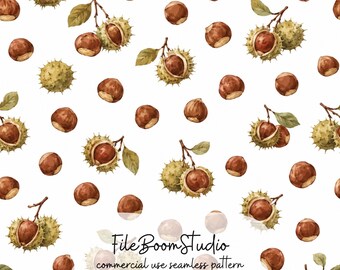 Patrón sin costuras de castañas en acuarela, archivo digital de patrón sin costuras de otoño bonito para uso comercial, patrón sin costuras de frutas, fondo blanco