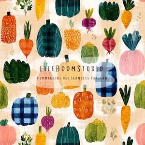 May include: A seamless pattern featuring various pumpkins, carrots, and root vegetables in shades of orange, blue, green, and pink on a light beige background. The text FILEBOOMSTUDIO COMMERCIAL USE SEAMLESS PATTERN is centered over the design.