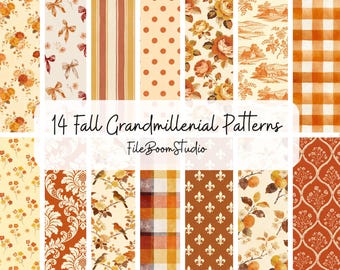 Fall Grandmillennial Seamless Patterns,  Coquette Floral Checkered JPEG, Stripes, Plaid, Digital Repeating pattern, Scrapbooking Paper