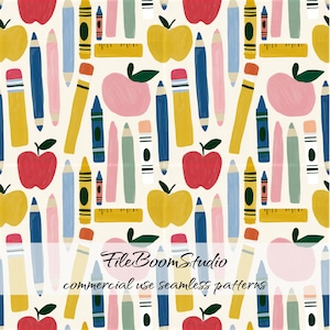 May include: A seamless pattern featuring illustrations of apples in red, yellow, and pink, alongside yellow rulers, blue and pink pencils, and multi-colored crayons on a cream background. The text FileBoomStudio commercial use seamless patterns is visible.
