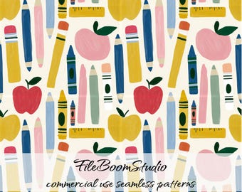 Preppy Back to School Digital Paper, Pencil Apple Seamless Pattern, Teacher Printable Paper, Hand Painted Teacher Paper