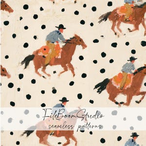 May include: A seamless pattern featuring oil-painted style figures riding brown horses against a cream background with black polka dots. The text FileBoomStudio seamless patterns is overlaid across the center of the image.