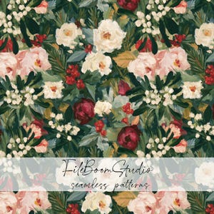 Op de afbeelding: Een naadloos digitaal patroon met een bloemstuk in olieverfstijl met witte rozen, donkerrode pioenrozen en trossen rode bessen tegen een donkergroene achtergrond van gebladerte. De tekst FileBoomStudio seamless patterns is zichtbaar.
