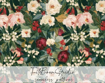 May include: A seamless digital pattern featuring an oil-painted style floral arrangement with white roses, deep red peonies, and clusters of red berries set against a dark green foliage background. The text FileBoomStudio seamless patterns is visible.