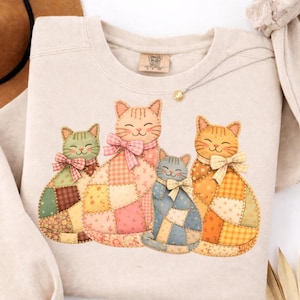 patchwork cats png, handmade quilted cat set, cozy animal illustration, vintage quilt style clipart