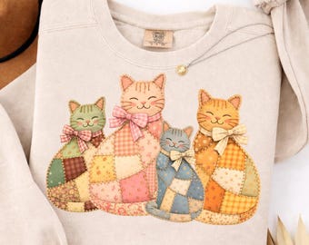 gatos patchwork png, conjunto de gatos acolchados hechos a mano, ilustración de animales acogedores, imágenes prediseñadas estilo edredón vintage