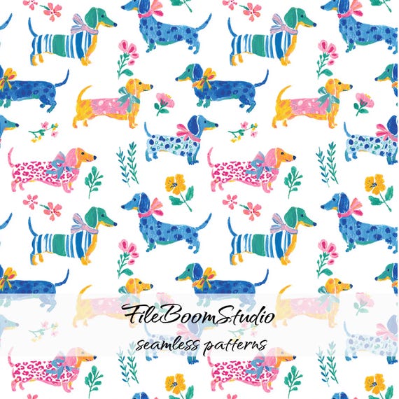 Preppy Dachshunds Seamless Pattern , Whimsical Dog Digital Paper, Colorful Maximalist Art, Cute Floral dog Print