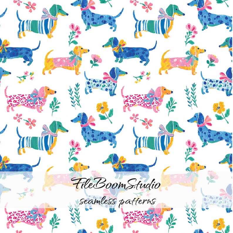 May include: A seamless pattern featuring illustrated dachshund dogs in various colours and patterns, including stripes, spots, and leopard print, accented with bows and small flowers on a white background, with the text FileBoomStudio seamless patterns.