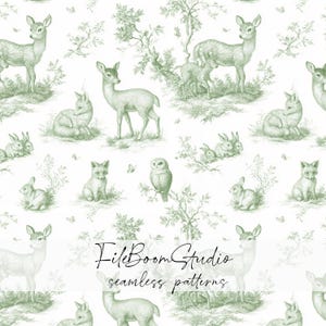 May include: A seamless pattern featuring sage green illustrations of deer, rabbits, foxes, and an owl on a white background. The design includes trees and butterflies, with the text FileBoomStudio seamless patterns overlaid in black script.