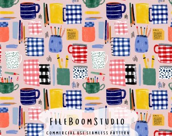 Skolmaterial sömlöst mönster, lärarmuggtryck, preppy klassrumstyg, ginghampapper, lärarpresentpapper
