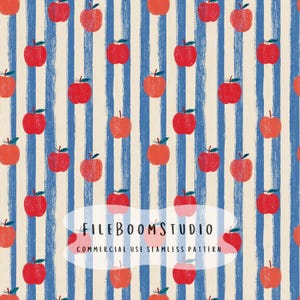 May include: A seamless pattern featuring red apples with dark green stems arranged on a background of vertical blue brushstroke stripes over a cream-colored surface. The text FILEBOOMSTUDIO COMMERCIAL USE SEAMLESS PATTERN is centered.