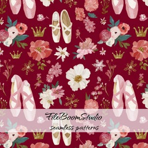 Puede incluir: Un patrón continuo sobre un fondo rojo oscuro con ilustraciones de zapatillas de ballet rosa claro, varios arreglos florales en rosa y blanco, pequeñas coronas doradas y formas de copos de nieve dorados. El texto FileBoomStudio seamless patterns es visible.