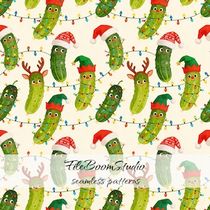 May include: A seamless pattern featuring green pickles with smiling faces, wearing Santa hats, elf hats, or reindeer antlers. The pickles are wrapped in colourful Christmas string lights against a light cream background with FileBoomStudio text.