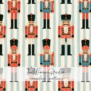 Op de afbeelding: Een naadloos patroon met geïllustreerde notenkrakerfiguren in rode, blauwe en zwarte uniformen tegen een crèmekleurige achtergrond met verticale lichtblauwe strepen. De tekst FileBoomStudio seamless patterns staat over het midden van de afbeelding.