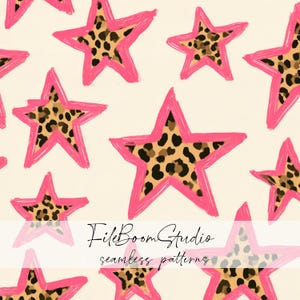 May include: A seamless pattern featuring multiple five-pointed stars with a brown and black leopard print fill and a thick, hand-drawn style hot pink outline on a cream background. The text FileBoomStudio seamless patterns is centred.