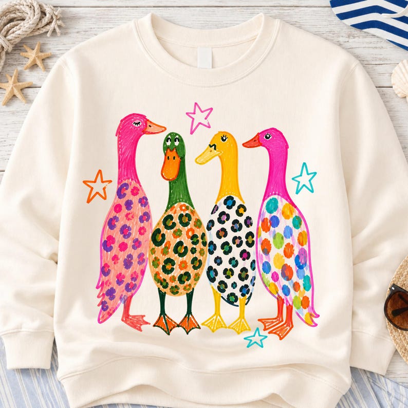 Preppy Ducks PNG, färgglad sommardesign, rolig gräsandsänderillustration, leopardmönsterbildfil bild 11
