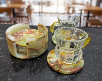 Set of 6 Onyx Coasters with Holder, Green Natural Stone, Tea Coasters